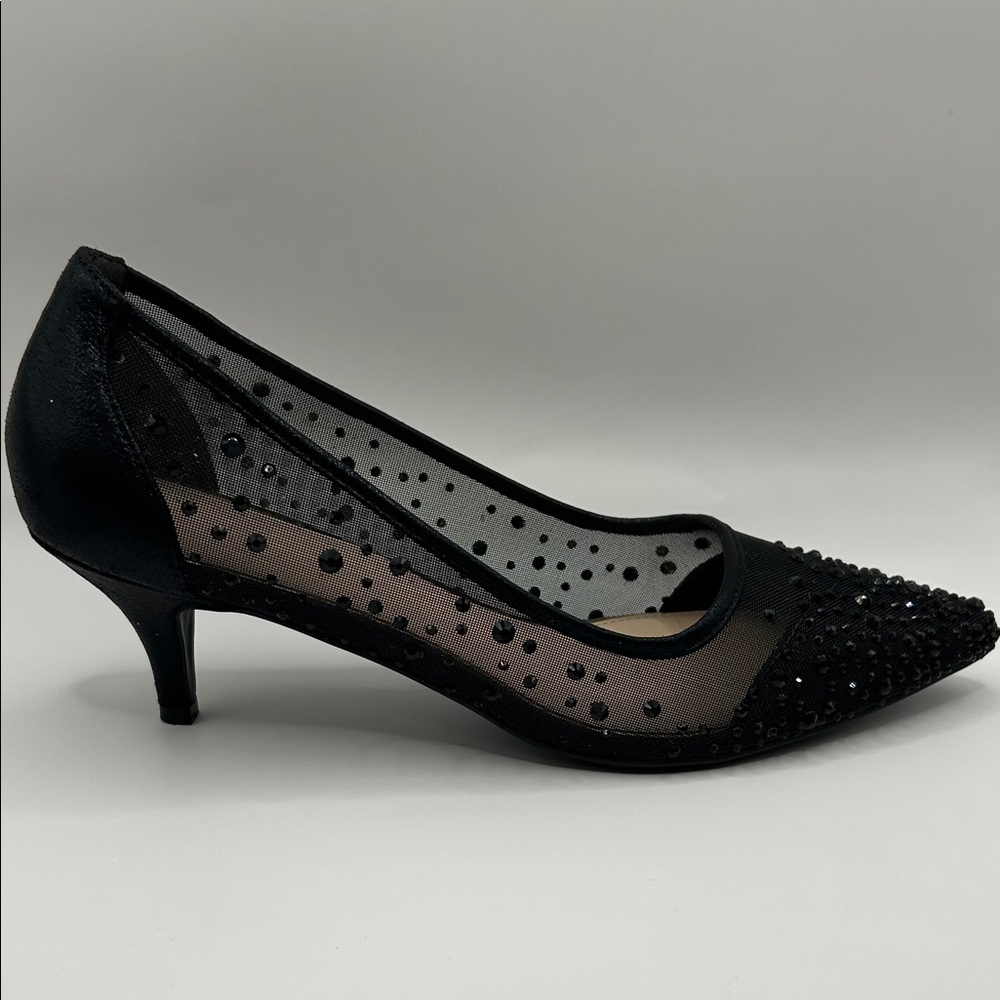 Elegant Lady Couture Silk Black Pointed Toe Mid Heel Embellished Pump